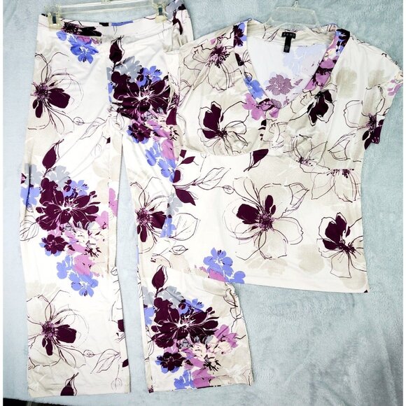Soma Other - Soma Pajama Set Women L Silk Burgundy Blue Floral SS Top Wide Leg Pant Lounge